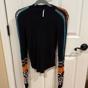 Free People Black Knit Top with Colorful Sleeves